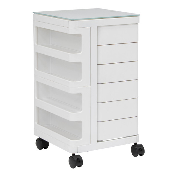 Artfusion KUBX mobile storage cart white with six drawers four open compartments and castor wheels