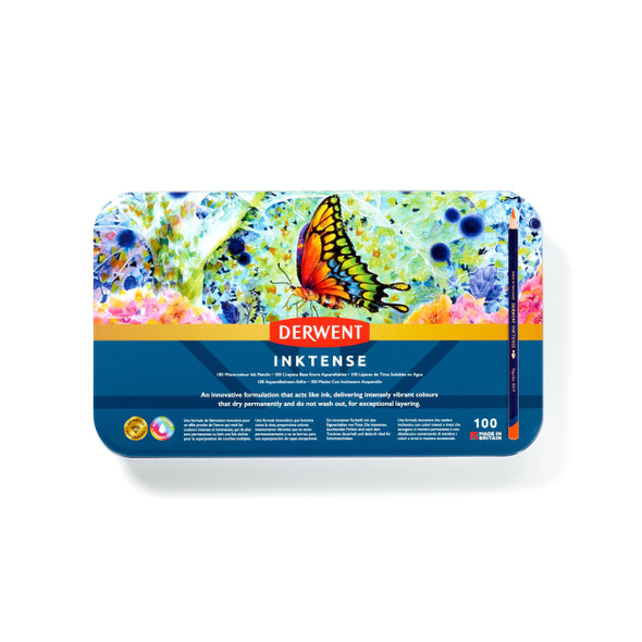 Derwent Inktense Pencil Tin 100 assorted water activated coloured pencils in metal tin with butterfly artwork on lid