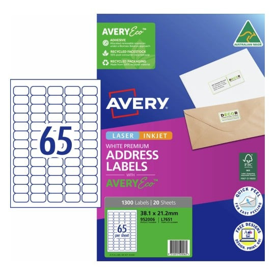 Avery 952006 premium address labels with AveryEco 65 per sheet 38.1 x 21.2mm pack of 20