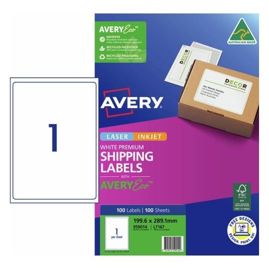 Avery 952014 premium shipping labels with AveryEco 1 per sheet 199.6 x 289.1mm pack of 100