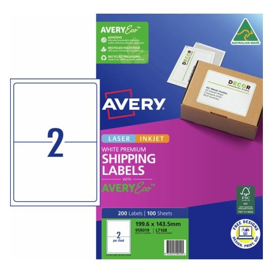 Avery 959019 premium shipping labels with AveryEco pack shot showing 2 labels per sheet 199.6 x 143.5mm pack of 100