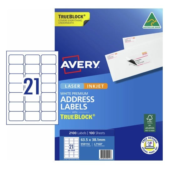 Avery 959114 L7160 TrueBlock white premium address labels 63.5 x 38.1mm 2100 labels 100 sheets