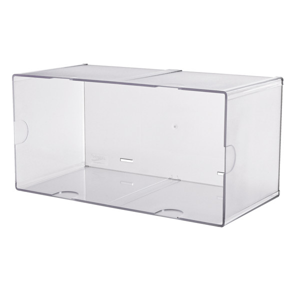 Clear rectangular open storage cube shown empty, highlighting the wider transparent design for easy-access storage.