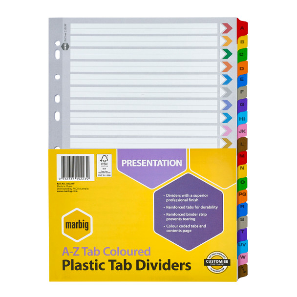 Marbig Indices and Dividers A-Z Tab Reinforced A4 Multi Colour