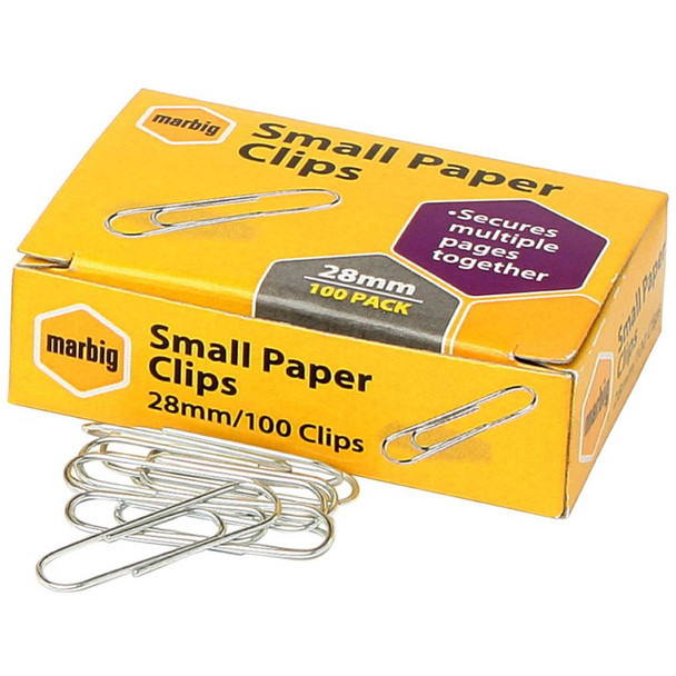 Marbig Paper Clips Small 28mm Chrome Box of 100