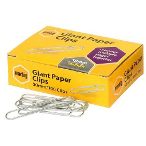 Marbig #87090 Paper Clips - Giant (50mm) - Box of 100 Chrome - Marbig, Marbig Australia, marbig folders, marbig binder, marbig clip folder, marbig stockists, marbig archive boxes, marbig documents wallet, marbig file storage | It's A Mega Thing