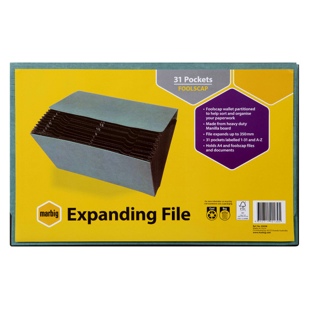 Marbig Foolscap Expanding File Heavy Duty 1-31 Green