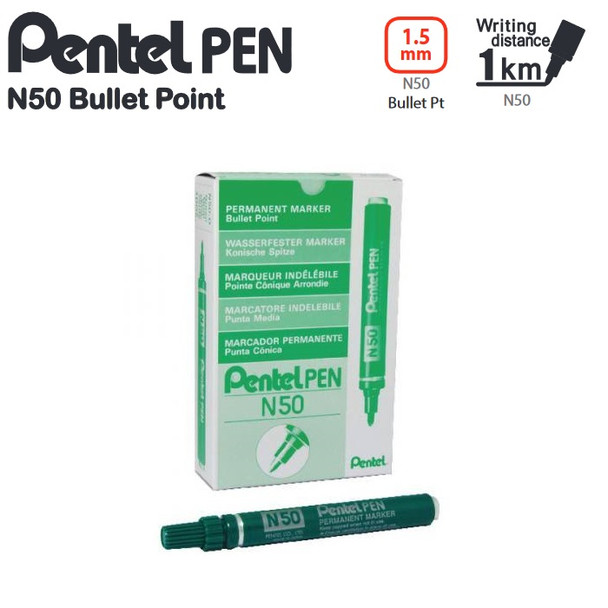 Pentel N50 Permanent Marker Bullet Point 1.5mm Green Box of 12