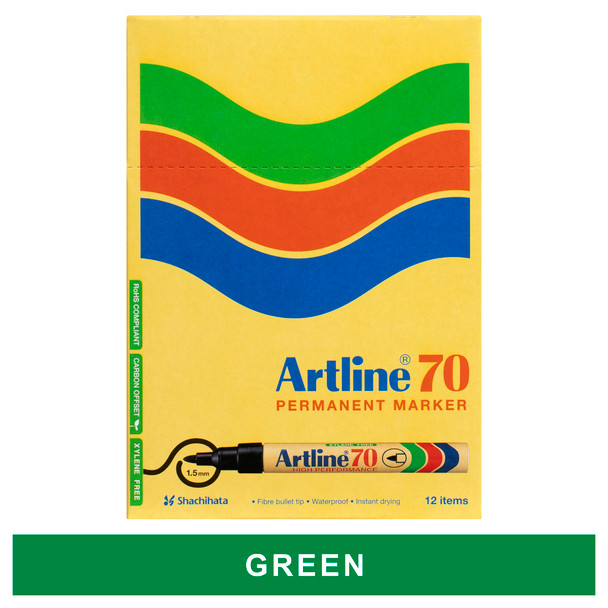 Artline 107004 70 Permanent Marker 1.5mm Bullet Nib Green Box12 | Mega Office Supplies