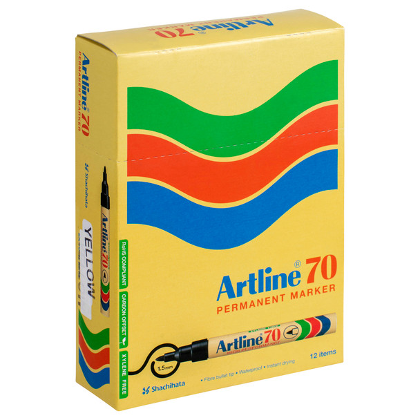 Artline 70 Permanent Marker 1.5mm Bullet Nib Yellow 107007 Box12 | Mega Office Supplies