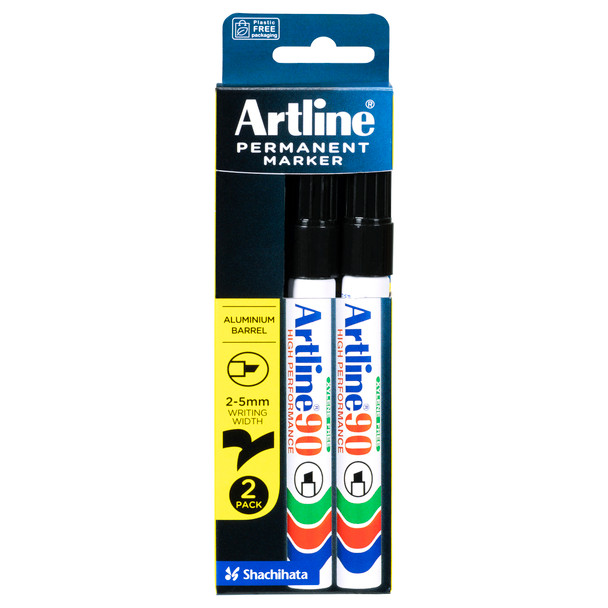 Artline 109067 90 Permanent Marker 5mm Chisel Nib Black 2Pk | Mega Office Supplies
