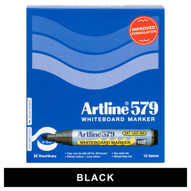 Artline 157901 579 Whiteboard Marker 5mm Chisel Nib Black Box 12 | Mega Office Supplies