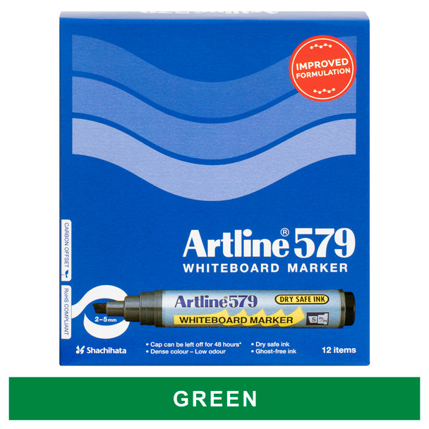 Artline 157904 579 Whiteboard Marker 5mm Chisel Nib Green Box 12 | Mega Office Supplies