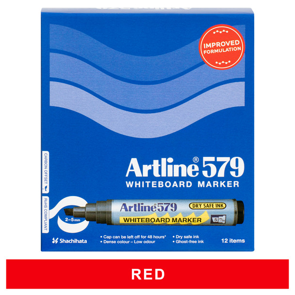 Artline 157902 579 Whiteboard Marker 5mm Chisel Nib Red Box 12 | Mega Office Supplies