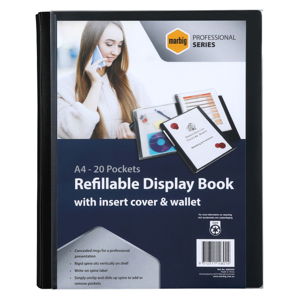 Marbig Professional Refillable Display Book 20 Pocket with Wallet Black