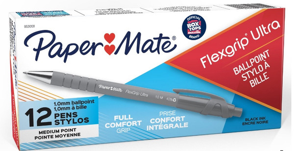 Papermate Black Retractable Ballpoint Pen Flexgrip Ultra Medium 1.0mm Box of 12
