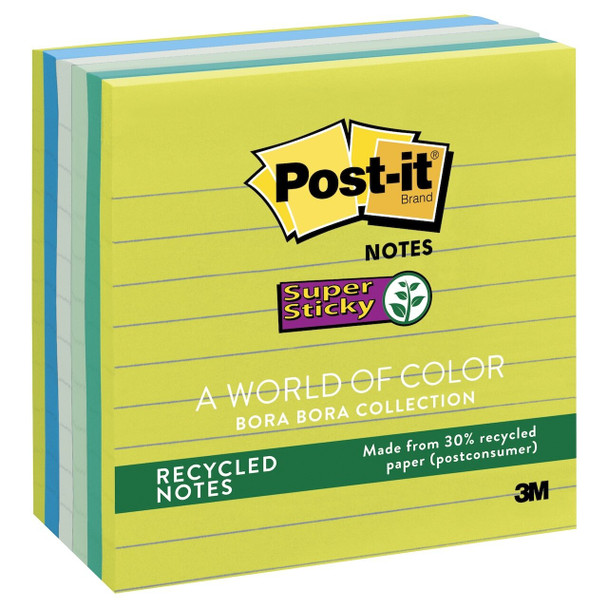 Post-it 70005251452 Recycled Super Sticky Lined Notes 675-6SST 101x101mm Bora Bora Collection 