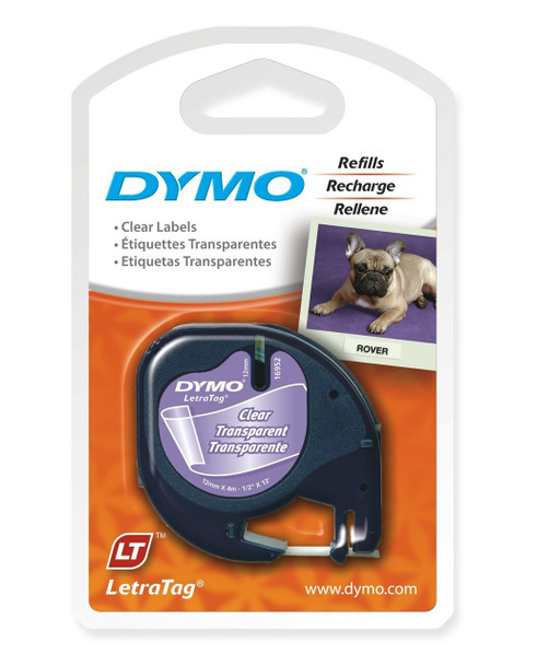 Dymo SD12267 LetraTag tape. Black text on clear plastic tape, 12mm x 4m, ideal for neat and professional labelling.