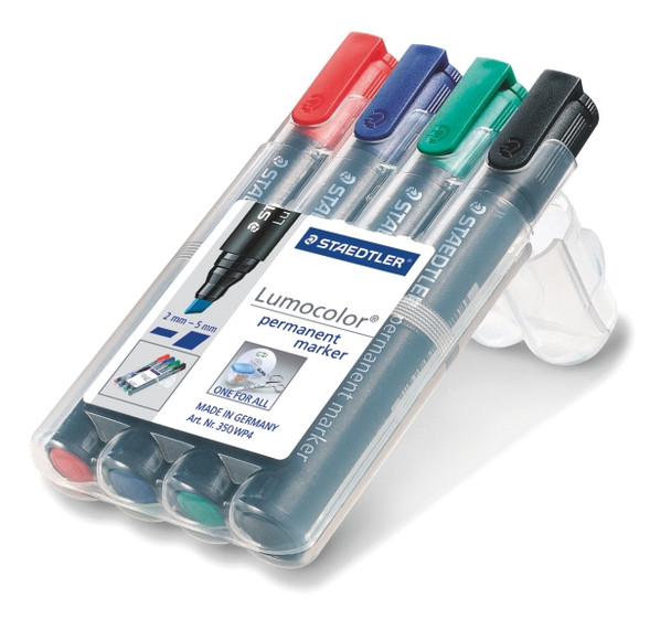 Staedtler Lumocolor Permanent Chisel Tip Markers Wallet of 4 Assorted Colours 350-WP4