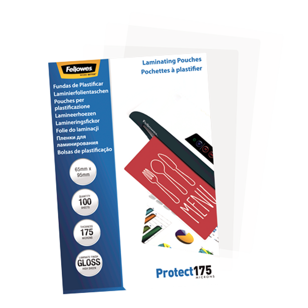 Glossy 175 Micron Laminating Pouches 65x95mm 100 Pack Fellowes