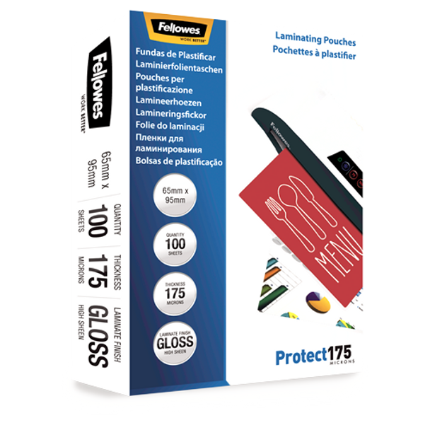 Fellowes 175 Micron Laminating Pouches 65x95mm 100 Pack Glossy