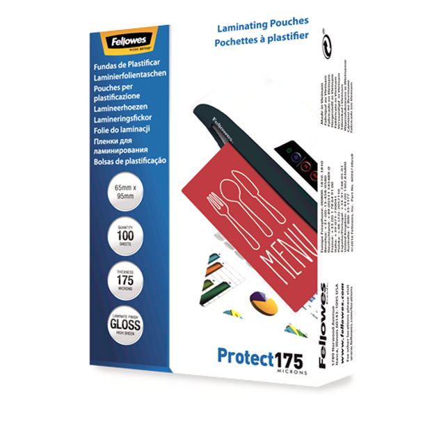 175 Micron Laminating Pouches 65x95mm 100 Pack Glossy Fellowes