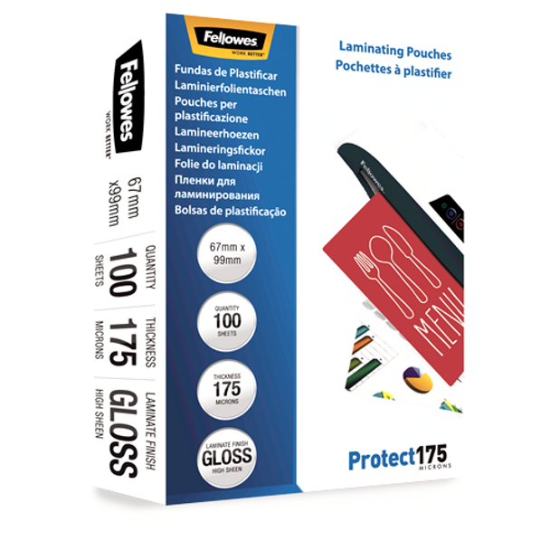 175 Micron Laminating Pouches 67x99mm 100 Pack Glossy Fellowes