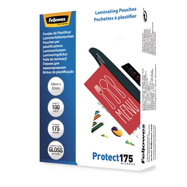 Fellowes 175 Micron Laminating Pouches 54x83mm 100 Pack Glossy