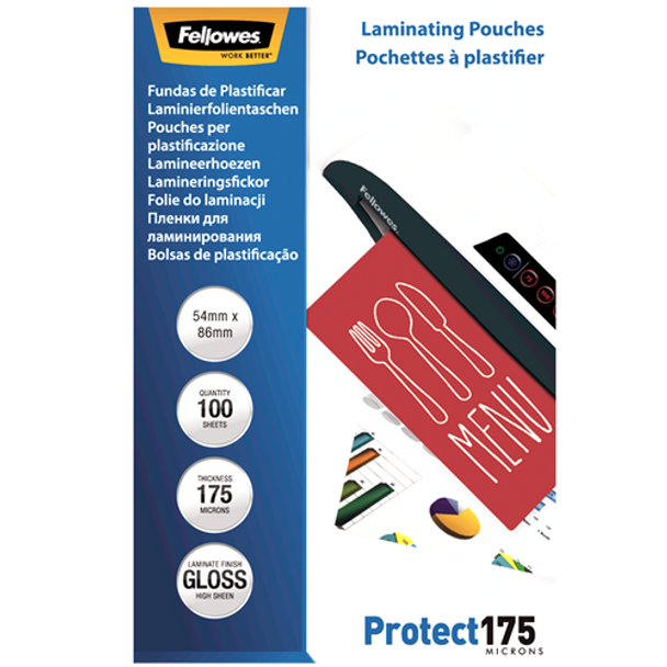 Fellowes Glossy 175 Micron Laminating Pouches 54x86mm 100 Pack