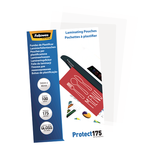 Glossy 175 Micron Laminating Pouches 54x86mm 100 Pack Fellowes