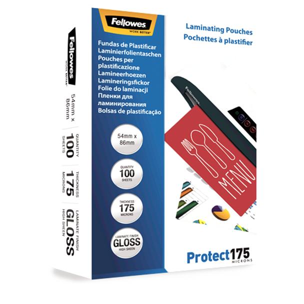 Fellowes 175 Micron Laminating Pouches 54x86mm 100 Pack Glossy