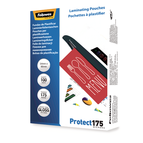 175 Micron Laminating Pouches 54x86mm 100 Pack Glossy Fellowes