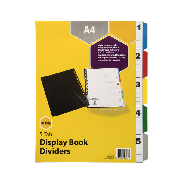 Marbig Display Book Indices and Dividers 5 Tab PP A4 Multi Colour