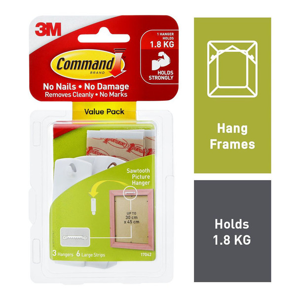 Command Sawtooth Picture Hangers 3 Pack White (1.3kg)