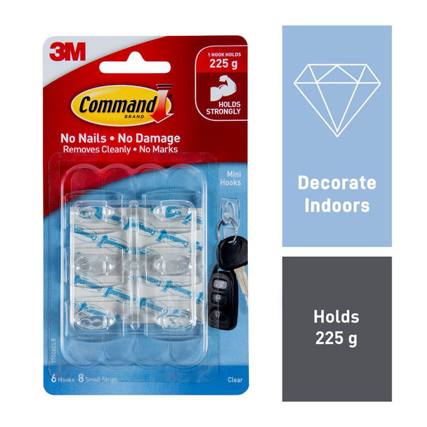 Command Mini Hooks Clear 6 Pack (225g)