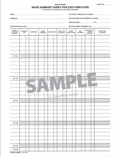 Zions Wage Summary Sheet A4 Pack of 25