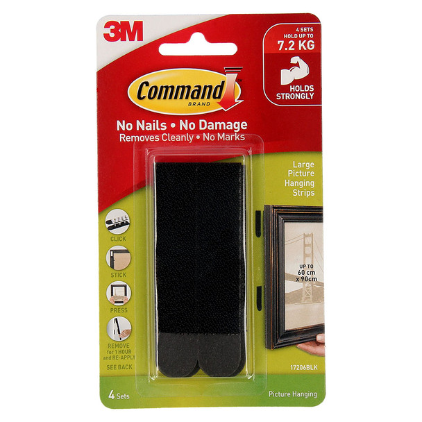 COMMAND 17206BLK 4 PACK PICTURE HANGING STRIPS (UP TO 7.2KG) BLACK