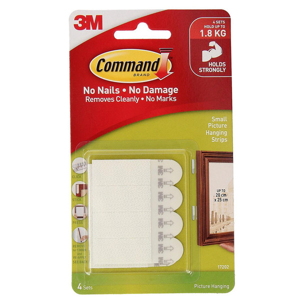 COMMAND 17202 4 PACK PICTURE HANGING STRIPS SMALL (UP TO 1.8KG) WHITE