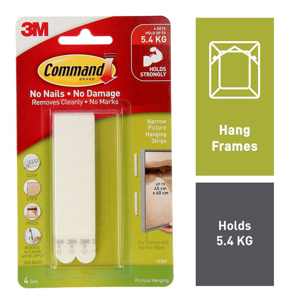 Command Narrow Picture Hanging Strips White 4 Pack (5.4kg)