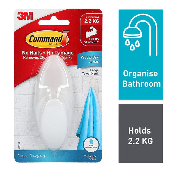 Command Wet and Dry Towel Hook Large White (2.2kg)