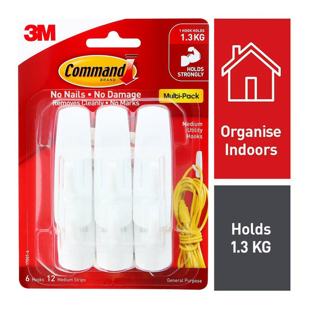 Command Multi-Pack Hooks Medium White 6 Pack (1.3kg)