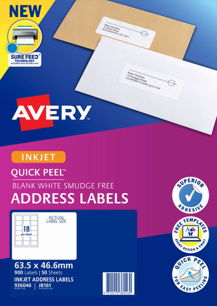 Avery #936046 Quick Peel Address Labels with Sure Feed - J8161 - 900/Pack - 63.5 x 46.6 mm, Inkjet, White | 18UP - avery label templates l7163, fabric name labels, fabric name badge labels | It's A Mega Thing