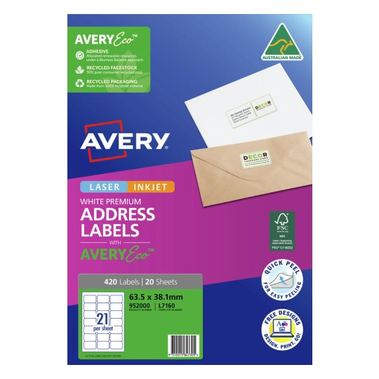AveryEco label pack showing white premium address labels suitable for laser and inkjet printing