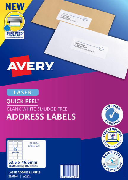 Avery #959002 Quick Peel Address Labels with Sure Feed - L7161 - 1800/Pack - 63.5 x 46.6 mm, Laser, White | 18UP - place card holders, avery stickers, avery labels australia, avery australia, avery l7163 | It's A Mega Thing