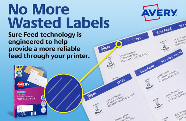 No more wasted labels graphic highlighting improved feed and alignment for fewer misprints