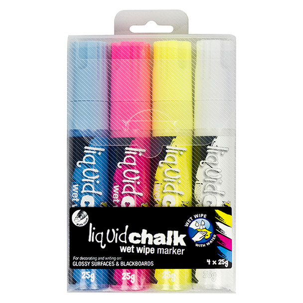 Texta #0400600 Jumbo Liquid Chalk Marker Wet Wipe Chisel 15mm Assorted Wallet of 4 | Mega Office Supplies