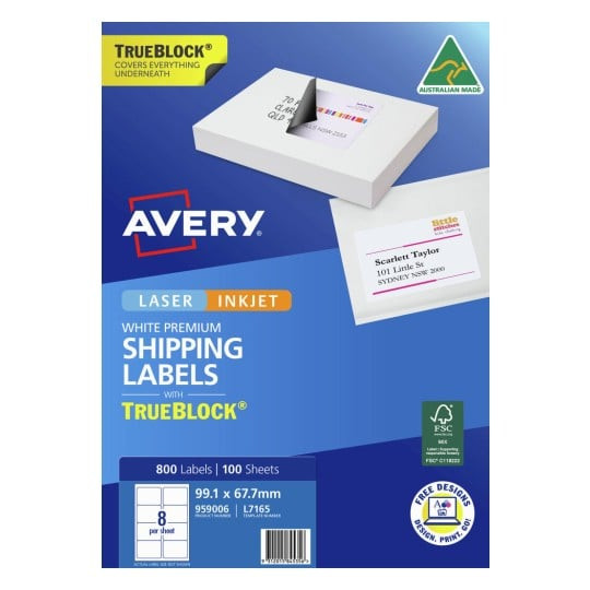 Avery TrueBlock shipping labels packaging front showing laser and inkjet compatibility and FSC certification