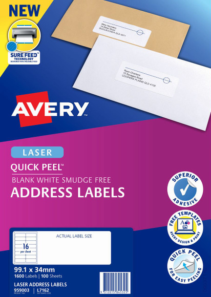 Avery #959003 Quick Peel Address Labels with Sure Feed - L7162 - 1600/Pack - 99.1 x 34 mm, Laser, White | 16UP | It's A Mega Thing