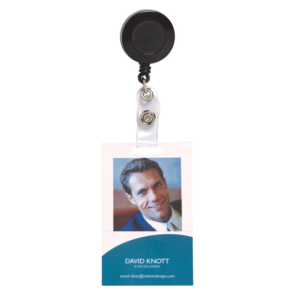 Rexel Card Holder with Strap and Nylon Cord (Hangsell) Black #9810002 Retractable | Mega Office Supplies