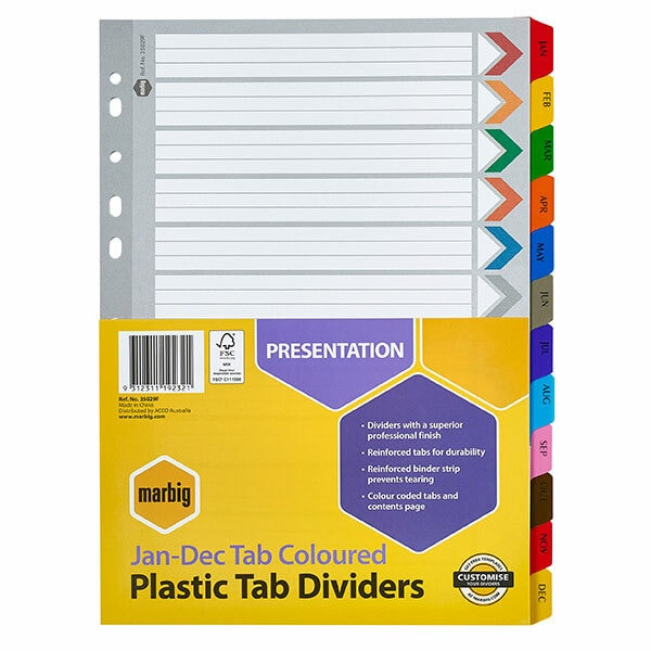 Marbig Indices and Dividers Jan-Dec Tab Reinforced A4 Multi Colour